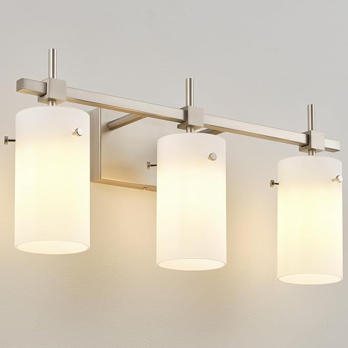 SOLFART Brushed Nickel Bathroom Light Fixtures, 3-Light Modern Vanity Light Over Mirror, Wall Sconces with Milky White Frosted Glass Shades, E26 Socket (Bulbs Not Included)