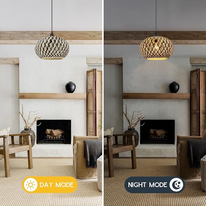 Island Pendant Light Black Natural Hand-Woven Bamboo Pendant Lights 1-Light Boho Light Fixtures Farmhouse Rustic Hanging Lamp for Living Room Dining Room Bedroom