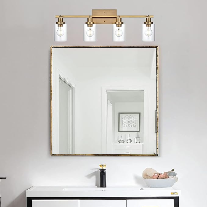MELUCEE 4 Light Track Lighting Kit Brass Bathroom Vanity Light Fixtures with Adjustable Track Head Ceiling Spotlight Fixture for Hallway Porch Foyer Storage, Clear Glass Shade