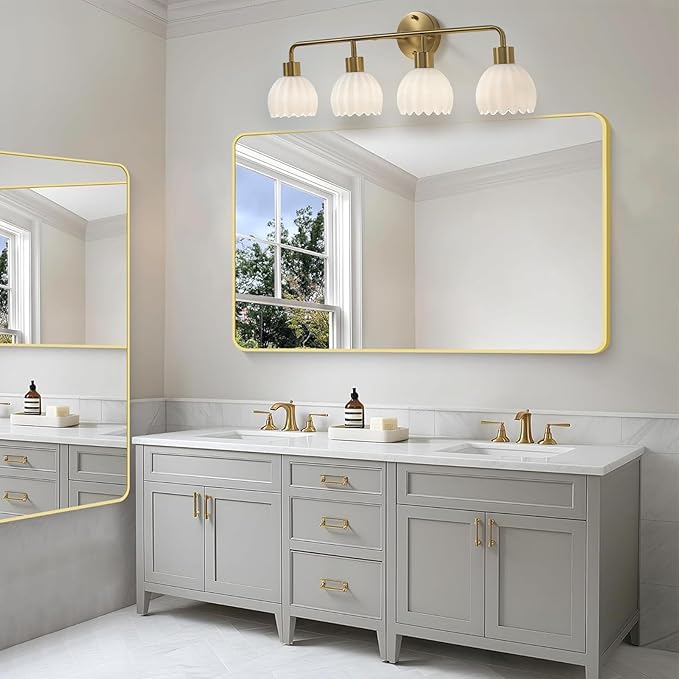 Brushed Gold 4-Light Vanlity Light Over Mirror,Wall Sconces,Gold Brass Bathroom Light Fixture with Milk White Glass Flower Shade,E26(Bulbs Not Included)