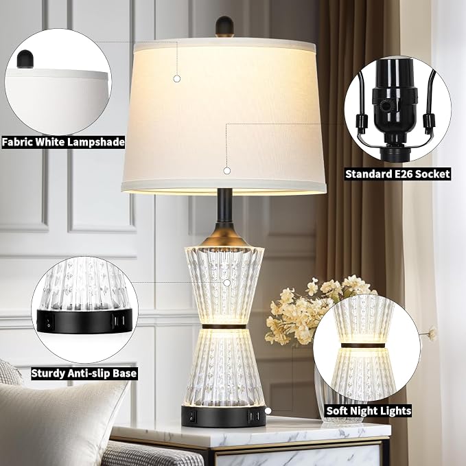 Modern Table Lamps for Living Room, 26" Tall Black Table Lamp with 2 Textured LED Night Light, 2 USB Charging Port & AC Outlet, Bedside Lamps for Bedroom Nightstands End Table Office, 2 Bulbs Included