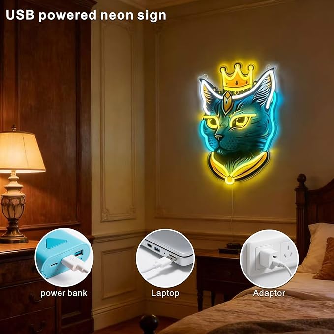 Cat Neon Sign - LED Signs for Wall, Room Decor for Women & Man Cave Decor, Cat Gifts for Women, USB-Powered Neon Sign with Dimmable 9-Level Brightness for Bedroom Living Room