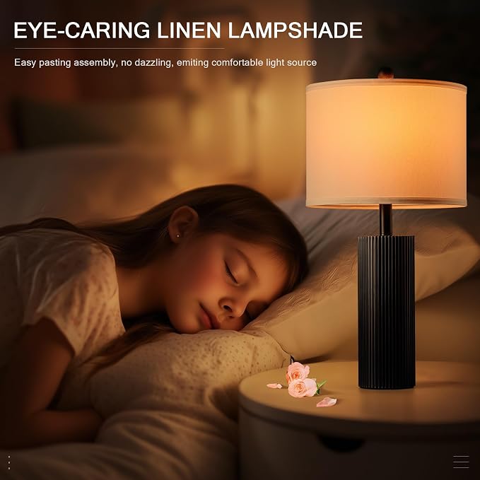 24.5" Black Lamps Set of 2, Modern Table Lamps for Living Room with USB C+A Ports, Creative Stripe Touch Lamps for Nightstand, 2 Bulbs Included