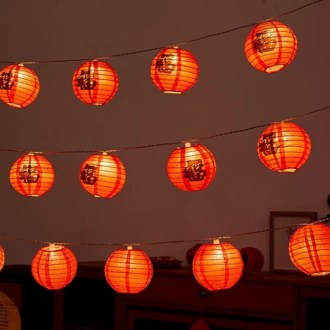 RJZZ Chinese New Year Decorations 2026 Chinese Lanterns Lights 9.4Ft Fu Character Lantern String Lights Battery Operated 10 Count Lunar New Year Decorations New Years Decor for Home