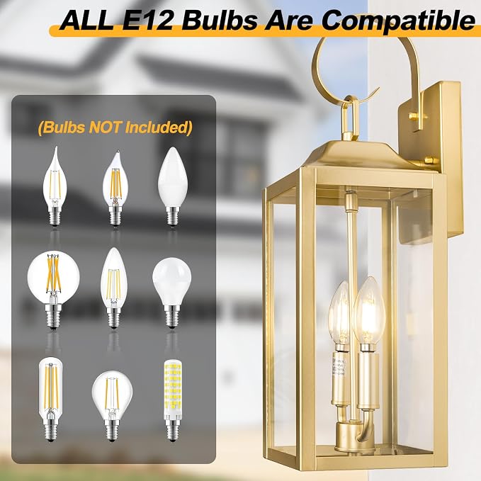 19" Gold Outdoor Wall Lantern 2-Light, Large Modern Outdoor Sconce Lights | Industrial Outdoor Light Fixtures Wall Mount with Clear Glass, Waterproof Farmhouse Exterior Lighting Fixtures, 1-Pack