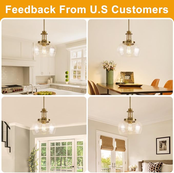 Modern Pendant Lights Kitchen Island, Brushed Gold Pendant Light Fixtures with 10" Clear Air Bubble Glass Shade, Industrial Hanging Pendant Lights Fixture for Kitchen Island Dining Room Entryway