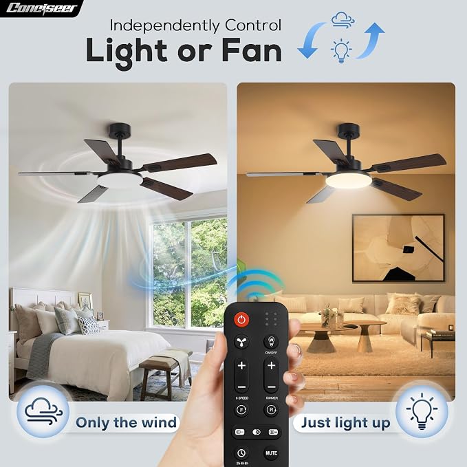 60 Inch Ceiling Fans with Lights and Remote, Bedroom Living Room Office Library Cafe Outdoor Industrial, 5CCT Dimmable, Dual Color 5 Blades, 6 Speed Reversible Quiet DC Motor, Black/Wood Grain