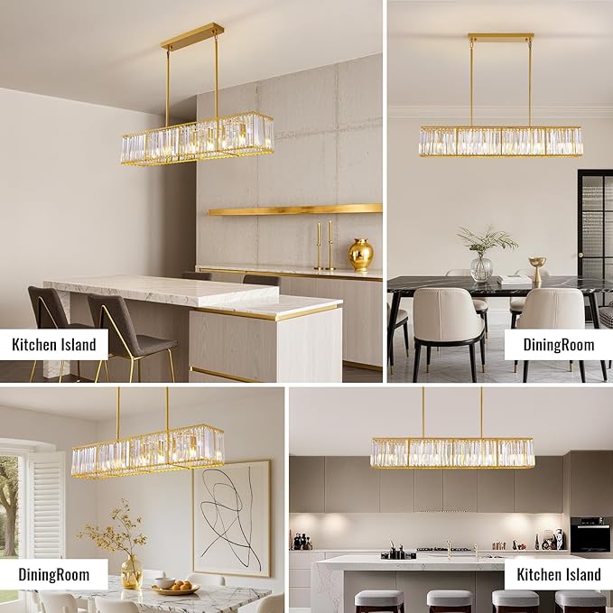 Siljoy Modern Crystal Chandelier 7-Light Rectangle Gold K9 Crystal Raindrop Chandelier Luxury Dimmable Linear Crystal Pendant Ceiling Light for Dining Room Living Room Kitchen Island L47''
