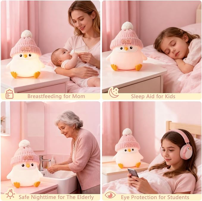 FAMIDUO Penguin Night Light,Cute Pink Penguin Lamp with Hat,Kids Room Decor | Safe Silicone Nursery Nightlight ,Rechargeable/Dimmable/Timer LED Squishy Animal Bedside Touch Lamp,Funny Gift for Girls