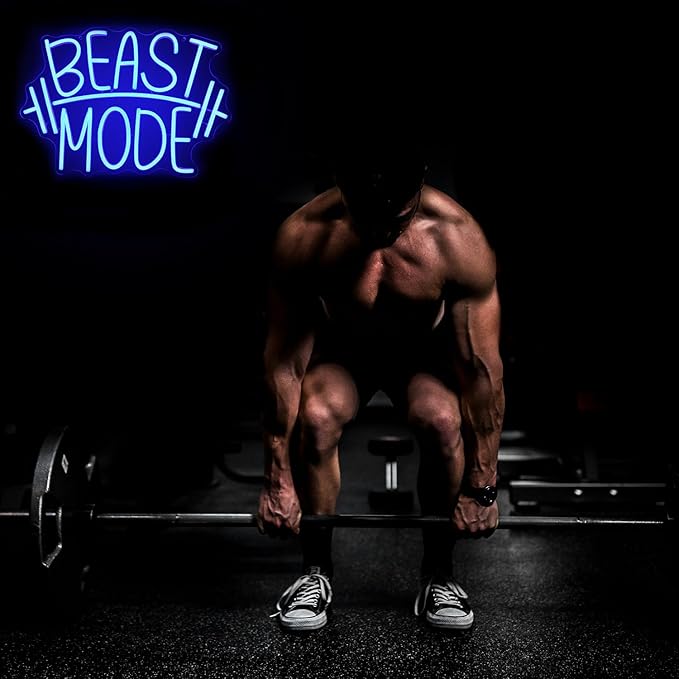 Beast Mode Neon Sign Blue Letter Neon Gym Signs Motivational Wall Art Gym Decor Barbell LED Neon Lights Signs Dumbbell Neon Light for Bedroom Gym Sports Room Man Cave Decor