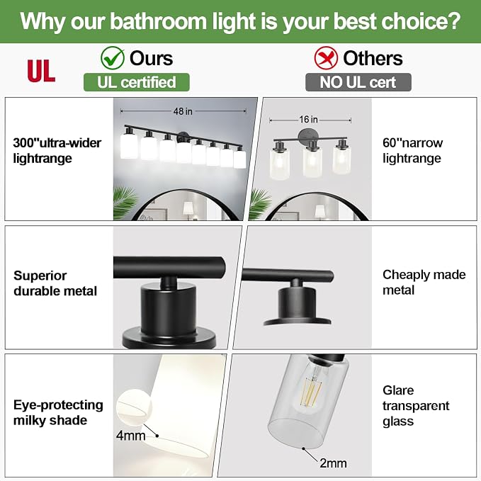 Zarbitta 8-Light Bathroom Light Fixtures, Black Modern Vanity Lights with Milky White Frosted Glass Shades, Bathroom Wall Lamp for Mirror, Living Room, Hallway, Kitchen, Cabinet, Porch