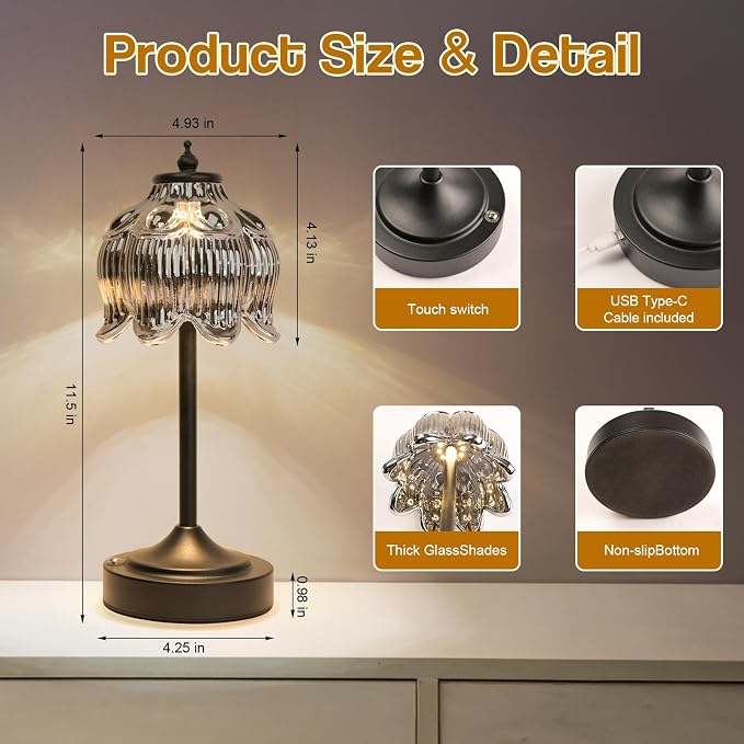 Cordless Table Lamp, Rechargeable Black Glass Lotus Flower Lamp | 5200mAh touch lamp with 3 color modes and stepless dimming, battery operated lamp for nightstands and kitchen counters