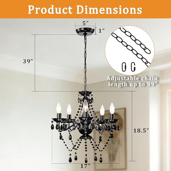 Black Small Crystal Chandelier, 5-Light Acrylic Chandelier Lighting Fixture for Bedroom, Closet, Dining Room, Entryway Ceiling Light