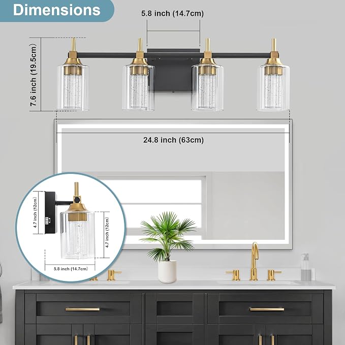 Vanity Light with 3 Color Modes (3000K/4000K/6000K), Eye Protection LED Bathroom Light Fixture, Dimmable Modern Wall Light Over Mirror with Clear Glass Shade (Black and Gold, 4-Light)