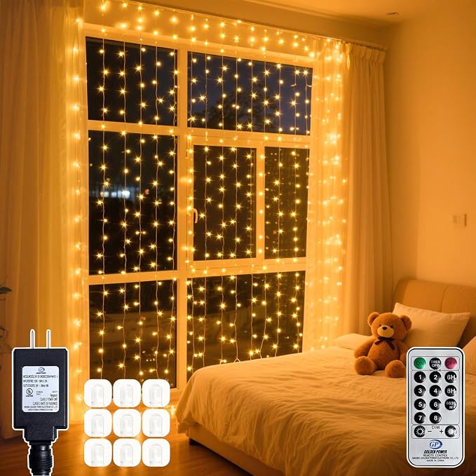 300 LED Warm White Curtain String Lights 9.8x9.8FT, Plug in Fairy Lights with 9 Hooks, Dimmable, Timer & 8 Modes, IP44 Waterproof, Bedroom Wall Wedding Backdrop Christmas Indoor Outdoor Decor