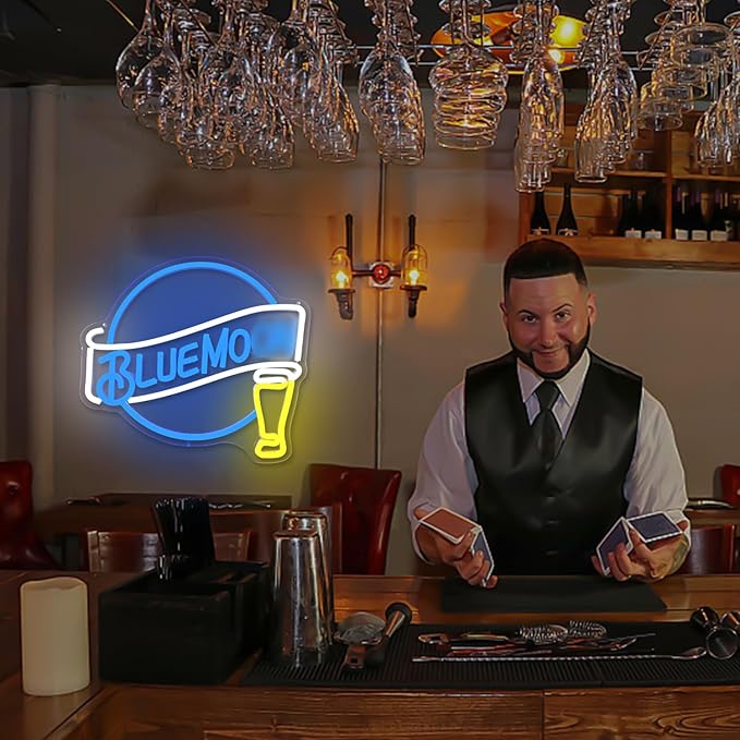 Moon Beer Neon Signs for Wall Decor Dimmable Blue Bar Light Sign for Man Cave Bedroom Shop Club Pub Bistro