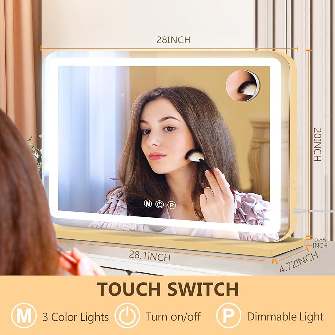 Ratsamee Gold 28" x 20" Vanity Mirror with Lights, Led Makeup Mirror, Lighted Makeup Mirror with 3 Color Dimmable Lights, Smart Touch Screen Control, Aluminum Metal Frame,USB Charging Port