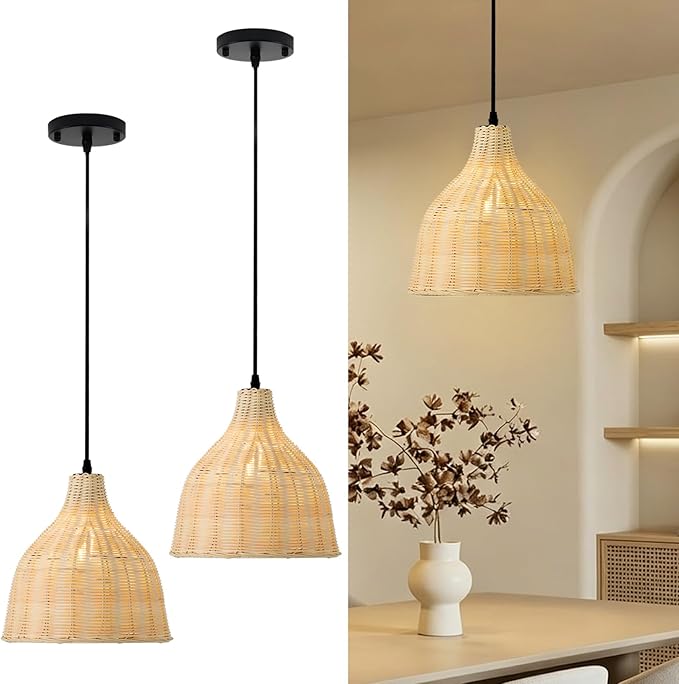 Hard Wired Rattan Pendant Lights Set of 2,Boho Wicker Chandelier with 9.84” Dome Shade, Basket Hand Woven Hanging Lamp for Coastal Kitchen Island Dining Room Living Room Bar Foyer Hallway