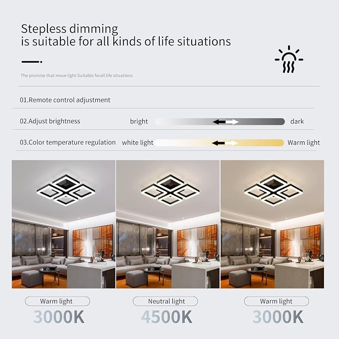 GEADI Modern Black LED Ceiling Light, 17.7" Dimmable Flush Mount Fixture | 52W 4-Square Geometric Ceiling Lamp with Remote, 3000K-6500K Dimming, Low Profile for Bedroom, Kitchen, Living Room