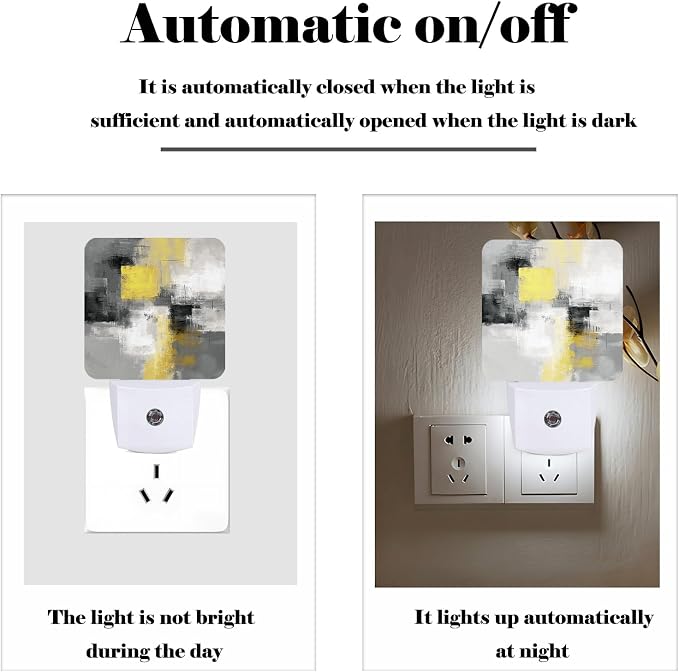 Abstract Oil Painting Night Light,Grey and Yellow Plug Into Wall with Dusk to Dawn Light Sensors, Warm Nightlights for Bedroom,Bathroom,Hallway,Kitchen,Gifts Ideal for Boys Girls Women Men