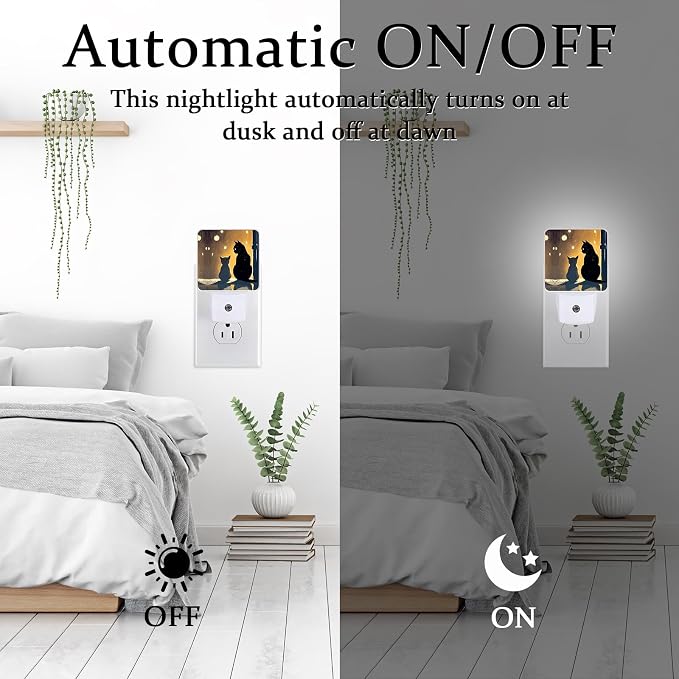 Cat Silhouette Night Light, Plug-into Wall Two Black Cat Nightlight Lamp with Dusk to Dawn Sensor, Led Lamp 0.5W Energy Efficient for Boys Girls Adults Home Decor