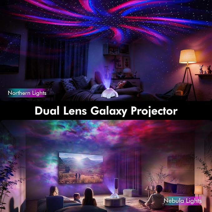 Rossetta Dual Lens Galaxy Star Aurora Projector Night Light for Bedroom | 58 Light Effects, White Noise, Bluetooth Speaker, Music Sync, Remote Control, Timer, Room Decor Gift for Kids Adults Teens