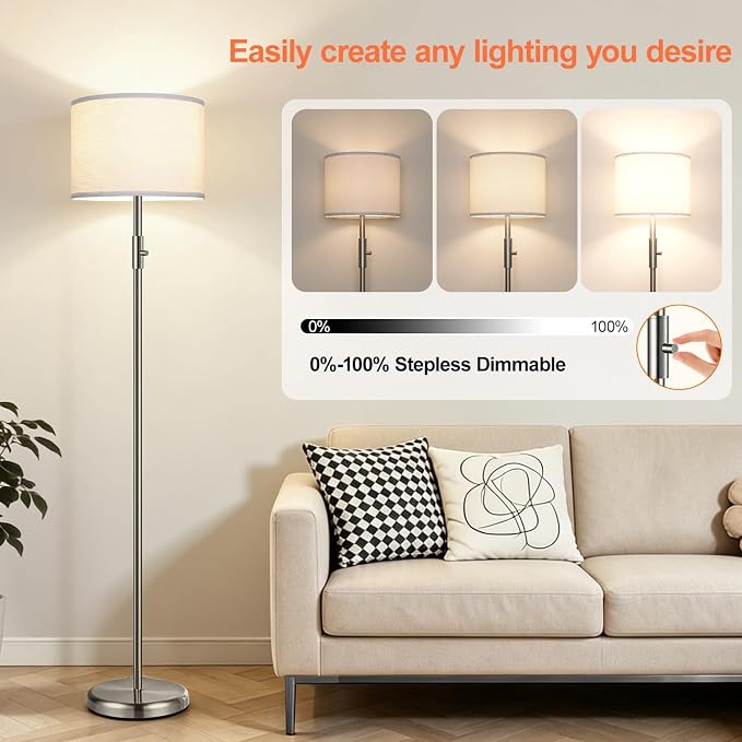Floor Lamp Simple Design with White Shade, Small Tall Lamps for Living Room Bedroom Office Dining Room Kitchen, Sliver Pole Lamp-Sliver