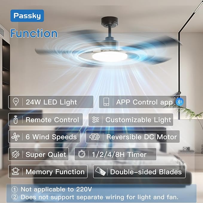 Passky Ceiling Fans with Lights, 52 inch Sleek Ceiling Fan with Light and Remote Control, 3CCT, Dimmable, Reversible, Noiseless, Black Ceiling Fan for Bedroom, Living Room | 3-color dimmable light, quiet reversible DC motor, easy install, memory, Timer...