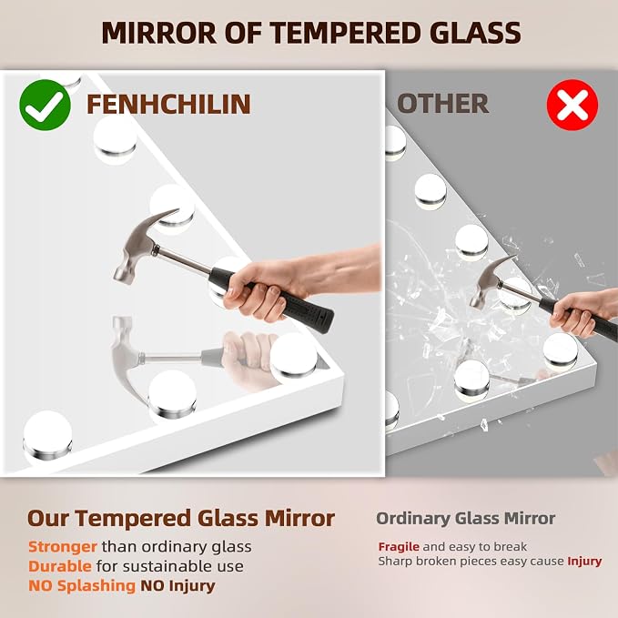 FENCHILIN Vanity Mirror with Lights and Bluetooth Speaker 22.8"x 18.1" Makeup Mirror Lighted Hollywood Mirror with 15 Dimmable LED Bulbs USB Charge Port, 3 Color Lighting Modes Tabletop