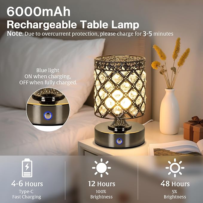 Black Small Crystal Rechargeable Cordless Table Lamps Set of 2 | 6000mAh Battery, 3 Color Temps, Stepless Dimming, Touch Control, Portable Wireless Night Light for Bar Bedroom Living Room