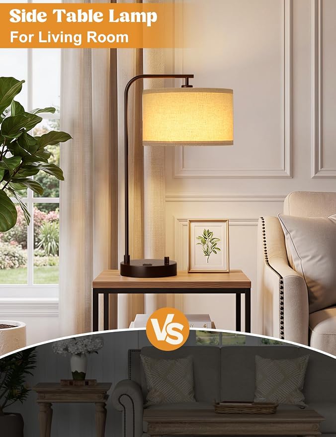 Innqoo Brown Table Lamp for Bedroom with USB Port and Outlet, Dimmable Nightstand Bedside Lamps with Linen Lampshade, Desk Lamp for Home Office, Living Room, Guest Room, LED Bulb Included