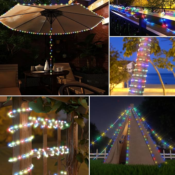 New Upgraded Solar Rope Lights Outdoor Waterproof 105ft 300 LED Solar String Lights with Remote Timer Dimmable 19 Modes Christmas Lights for Pool Yard Outside Patio Xmas Tree Decor (300LED-Multicolor)