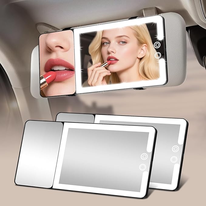 2pcs Car Sun Visor Vanity Mirror with Lights & 20X Magnification, Led Light up Makeup Mirror for Sun Visor, Rechargeable 3 Colors Dimming Light, Universal Accessories for Car SUV Truck