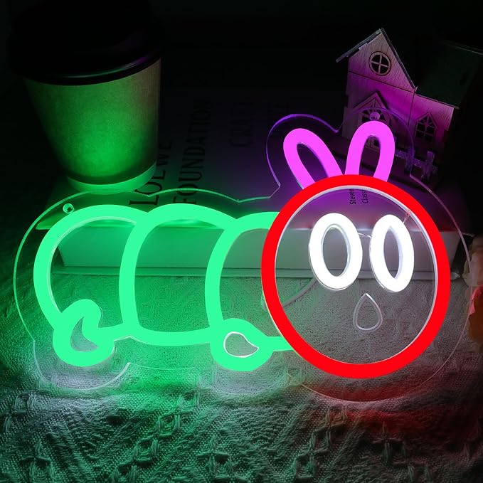 Cute Caterpillar Neon Sign for Wall Decor, Colorful LED Light Up Sign for Kids Bedroom, Baby Nursery, Playroom, Pink Green Red Neon Light, USB Powered Acrylic Sign, Gift for Boys & Girls