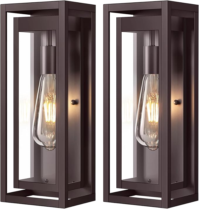 15" Outdoor Wall Lights, Brown Exterior Lighting Fixtures, 2 Pack | Large Size, Anti-Rust, Waterproof, Tempered Glass, Easy Installation, Modern & Classic Outdoor Sconces for House Porch Garage