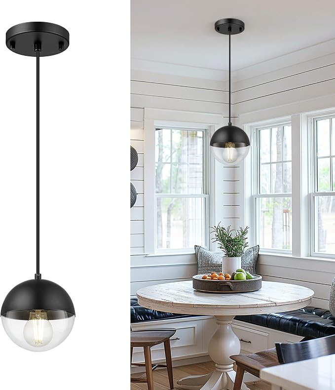 6-inch Modern Pendant Light, Matte Black Kitchen Pendant Light with Clear Globe Glass, Adjustable Hanging Farmhouse Pendant Light Fixtures for Dining Room Living Room Kitchen Island, LMS-186BKCS