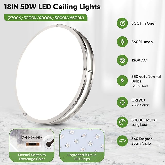18inch 50W LED Flush Mount Ceiling Lights 5600lm Super Bright, Dimmable LED Ceiling Light Fixtures 2700K-6500K 5CCT Adjusted, 2-Pack Modern Light Fixtures Ceiling for Living Room Bedroom Kitchen