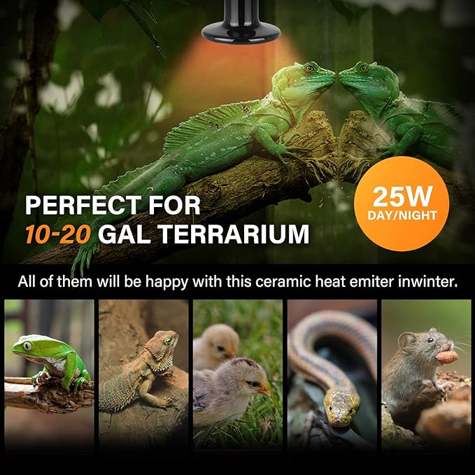 Simple Deluxe 25W Ceramic Heat Emitter Reptile Heat Lamp Bulb No Light Emitting Brooder Coop Heater for Amphibian Pet & Incubating Chicken, Black, 1-Pack