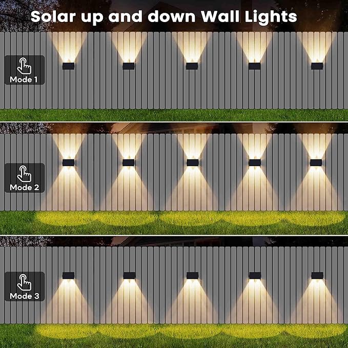 Fence Lights Solar Powered, 2-Pack Solar Fence Lights Up/Down Flexible Buttons, IP67 Waterproof for Outdoor, 100LM Bright, Auto Dusk to Dawn for Wall/Stairs/Yard/Railing/Deck/Pathway (Warm White)