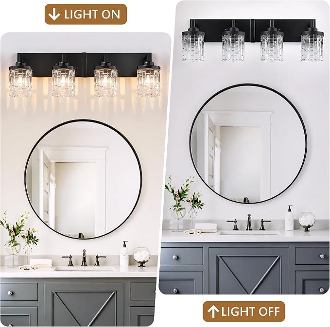 maesta Black Bathroom Light Fixture,4 Light Modern Vanity Light Over Mirror | Modern Vanity Light, Black Metal & Crystal Glass Fixture, Anti-Rust, Easy to Install for Bathroom Hallway Bedroom Entryway