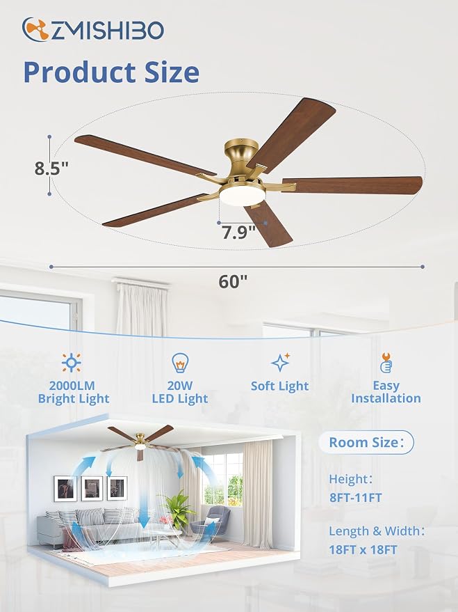 ZMISHIBO 60 Inch Ceiling Fans with Lights, Remote&App Control, Flush Mount | Low Profile, Dimmable 20W LED Light, Quiet Reversible Motor, Strong Airflow, Easy Install for Bedroom/Living Room/Apt, Gold
