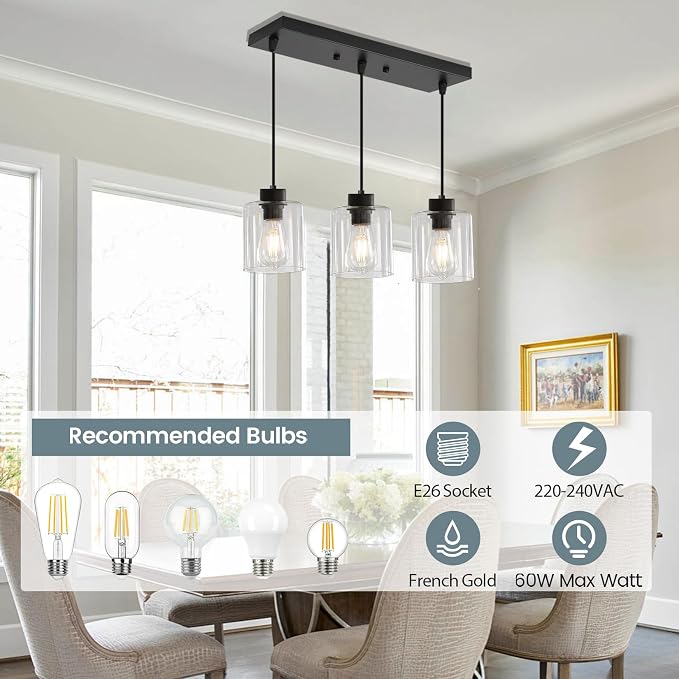 3-Light Pendant Light Fixtures with Clear Glass, Black Hanging Light Fixture for Ceiling, Adjustable Kitchen Island Light for Dinning Room, Bedroom,Hallway, E26 Base, Bulbs Not Included