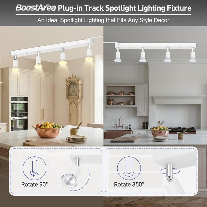 AUQUEE Plug in Track Light, White, 23", 4 Way GU10 Track Ceiling Lighting | Wall Spotlight, Rotatable Track Head, For Kitchen Cabinet Gallery Bar Hallway Living Room, Rocker Switch, 15 FT Cord
