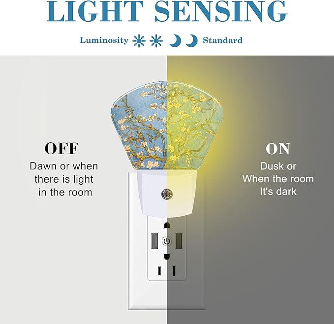 Blossoming Almond Tree Oil Painting Plug in Night Lights, Art Painting Nightlight Plug Into Wall Dusk to Dawn Sensor for Kid Girls Boys Women Bedroom,Hallway,Kitchen,Bathroom,Stairs Decor