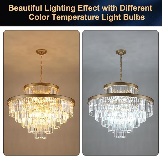 6-Tier Large Gold Crystal Chandeliers 35" Modern Luxury Chandeliers for Staircase K9 Crystal High Ceiling Chandelier 22-Light Round Hanging Pendant Light Fixture for Living Room Entryway Foyer