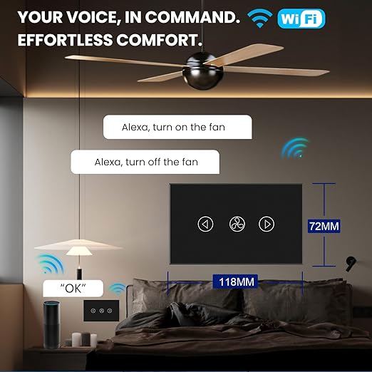 Smart Fan Switch Single Gang 2.4GHz Wi-Fi Touch Switch, Neutral Wire Required,Work with Smart Life/Tuya App and Alexa,Tempered Glass Panel,Black