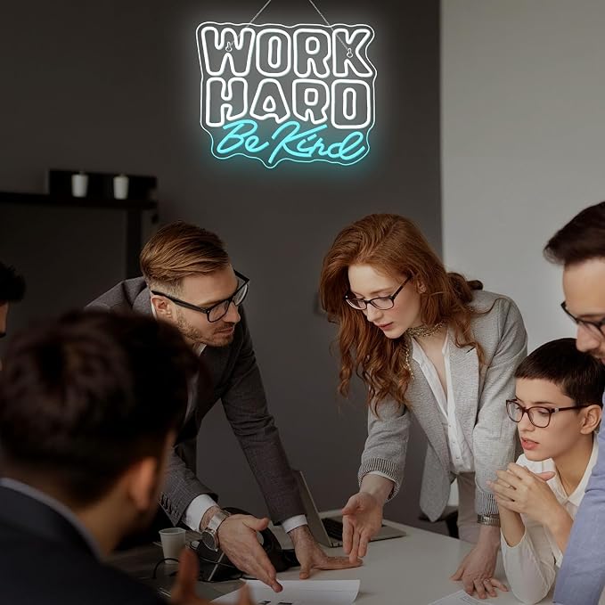 Work Hard Be Kind Neon Sign, Dimmable Neon Signs for Wall Decor, White Blue Neon Light Work Hard USB Led Sign for Office Study Room Classroom Bedroom Meeting Room Decoration