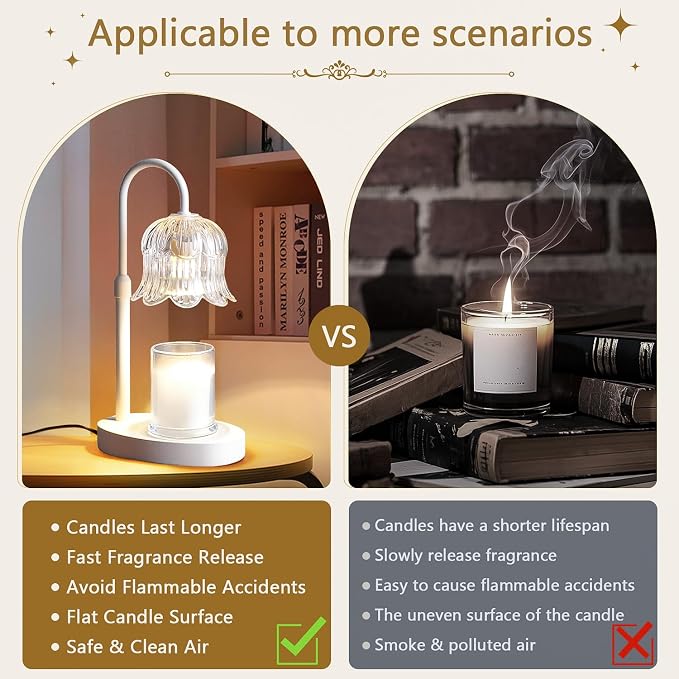CRMILL Candle Warmer Lamp Electric Timer - Flower Candle Lamps Height Adjustable Home Bedroom Decor House White