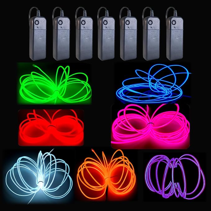 MaxLax EL Wire 7 Pack, 16.4ft Neon Light Wire Noise Reduction with Battery Pack(7 Color)… (16.4ft)…