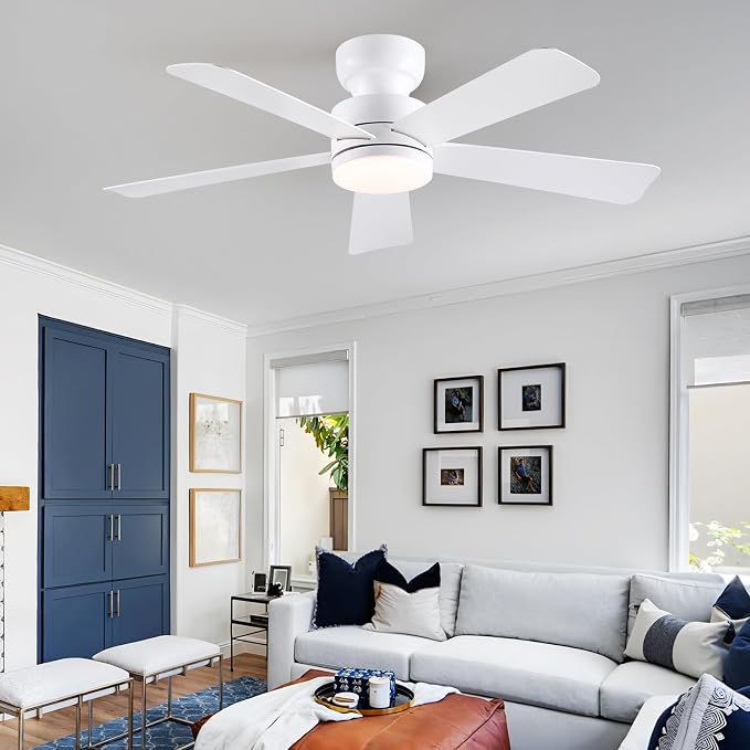 Asyko 46" White Modern Low Profile Ceiling Fan with LED Light and Remote | Flush Mount,Super Large Airflow with 6 Wind Speeds, Reversible, Dimmable 3 CCT LED Light, Quiet 30W DC Motor,2H Timer
